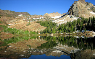 Mountain lake forest sky bridge - a clear blue sky above free wallpaper