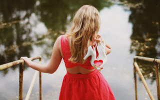 Woman red dress bridge outdoors - the water and trees free wallpaper