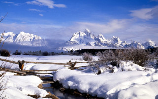 Snowy mountain range wooden fence - beautiful landscape free wallpaper