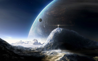 Distant planet cross mountain night 2 - a. hardy free wallpaper
