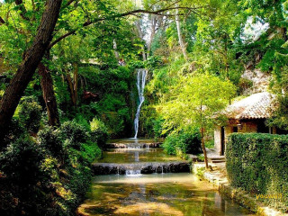 Small waterfall lush forest house - a small waterfall free wallpaper