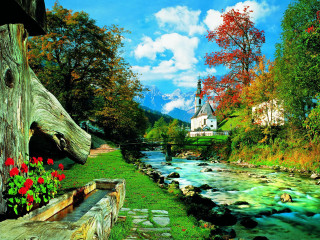 River forest church trees painting - a painting of a river free wallpaper