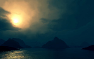 Large water mountains sunset cloudy - volumetric lighting free wallpaper
