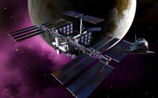 Space station purple sky red - a planet in the background free wallpaper