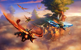 Birds forest clouds fantasy fire - fantasy concept art free wallpaper