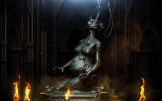 Afrofuturism cyberpunk dystopian statue fire - bastien l. deharme free wallpaper