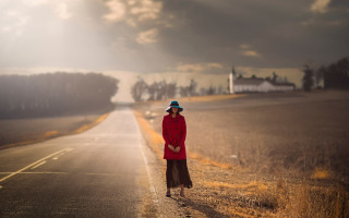 Woman red sweater hat outdoor - a blue hat free wallpaper