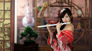 Woman red dress flute smile - sakimichan free wallpaper