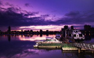 Dusk purple sky cityscape boat - cao buxing free wallpaper for desktop