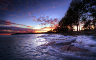 Sunset water trees rocky shore - erlund hudson free wallpaper