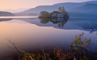 Lake castle mountains fog sunset - fog free wallpaper
