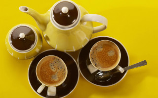 Yellow teapot coffee cups spoon - ding yunpeng free wallpaper