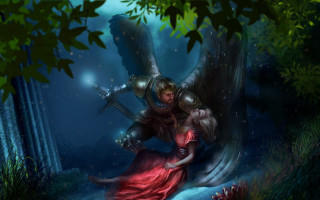 Woman red dress bird forest - dark fantasy art free wallpaper for desktop