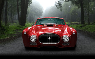 Red car woods fog nature - a red car free wallpaper