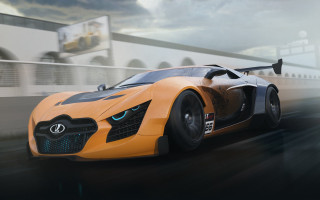 Yellow sports car driving sky - realistic free wallpaper