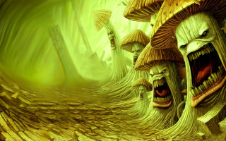 Creepy mushrooms forest green background - a yellow light free wallpaper for desktop