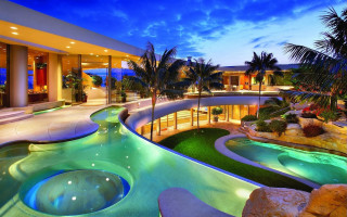 Luxury pool waterfall night palm - a large pool free wallpaper