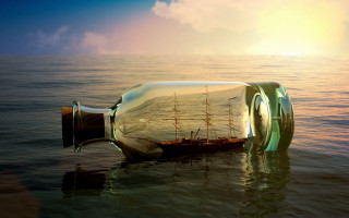 Ship in bottle floating sunset - surreal photography free wallpaper for desktop