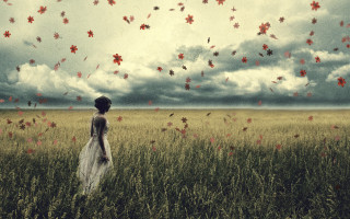 Woman field clouds leaves beach - a sky full free wallpaper