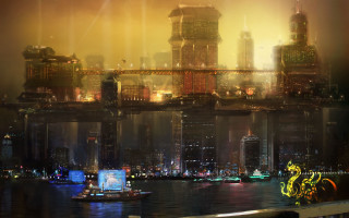 Afrofuturism cityscape bridge river night 2 - light in the middle free wallpaper