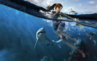 Woman bikini ocean sharks boat - a shark free wallpaper