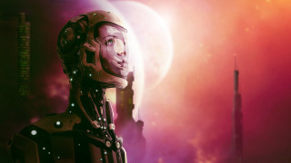 Futuristic woman space suit city - a futuristic city in the background free wallpaper