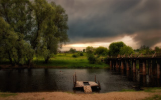 Boat river bridge cloudy sky - river free wallpaper for desktop