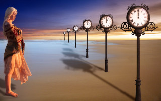 Woman beach clocks moon magical - surreal free wallpaper