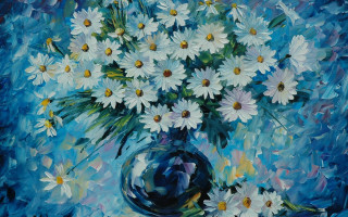 Daisies vase blue background impressionist - an oil free wallpaper
