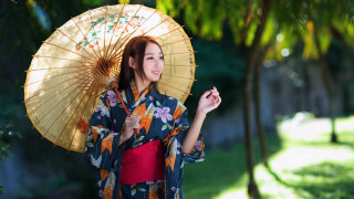 Woman kimono parasol smile arts - japanese free wallpaper