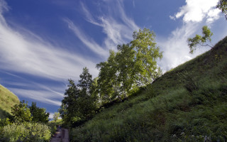 Grassy hill path trees blue 2 - free sky wallpaper