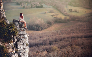 Woman sitting valley mountains nature - a valley free wallpaper