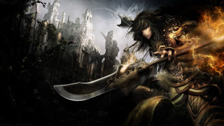 Woman sword demon cityscape flames - flame and smoke free wallpaper