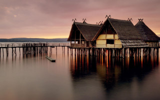 House pier boat sunset mountain - a pier free wallpaper