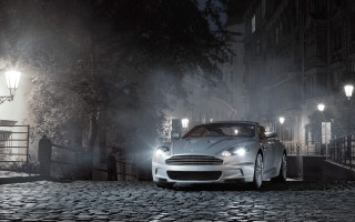 White car cobblestone night street - street free wallpaper