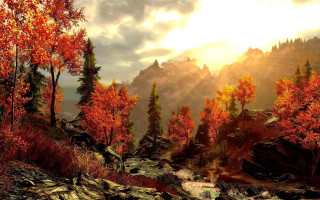 Mountain landscape autumn leaves forest - realistic lighting free wallpaper