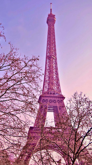 Eiffel tower pink trees flowers - impressionist free wallpaper for mobile