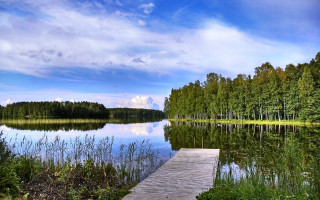 Lake dock trees grass clouds - akseli gallenkallela free wallpaper