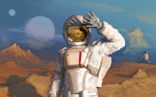 Man in space suit saluting - the desert free wallpaper