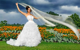 Woman white dress veil flower - a dark sky in the background free wallpaper for desktop