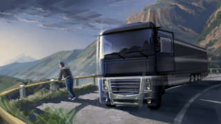 Mountain road truck man outdoors - matte drawing free wallpaper for desktop