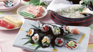 Sushi rice vegetables meat noodles - sakimichan free wallpaper