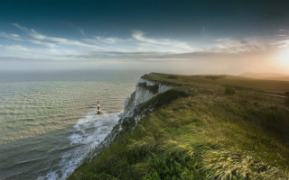 Cliff overlook sunset lighthouse beach - david annand free wallpaper