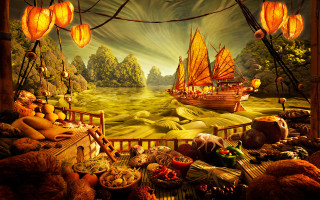 Fantasy boat sails autumn festival - a painting of a boat free wallpaper