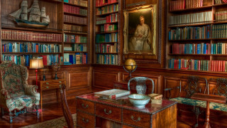 Library desk chair bookshelf painting - a desk free wallpaper