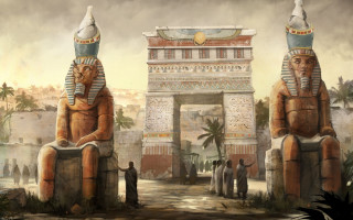 Egyptian statues gate figures cityscape - cinematic matte painting free wallpaper