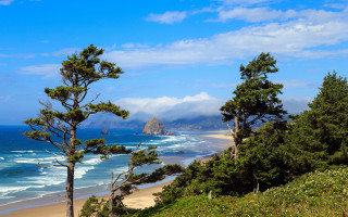Beach trees mountain clouds ocean - widescreen free wallpaper for desktop