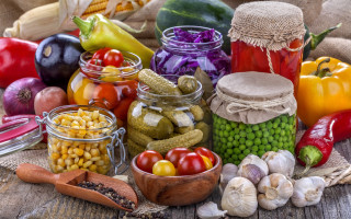 Vegetables fruits glass jars burlap - maximalism free wallpaper