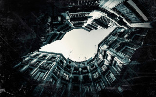 Cityscape skyline architectural bridge skyscraper - deep 3 point perspective free wallpaper