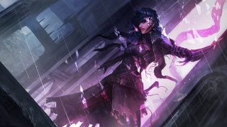 Purple sword woman rain city - a pink light free wallpaper